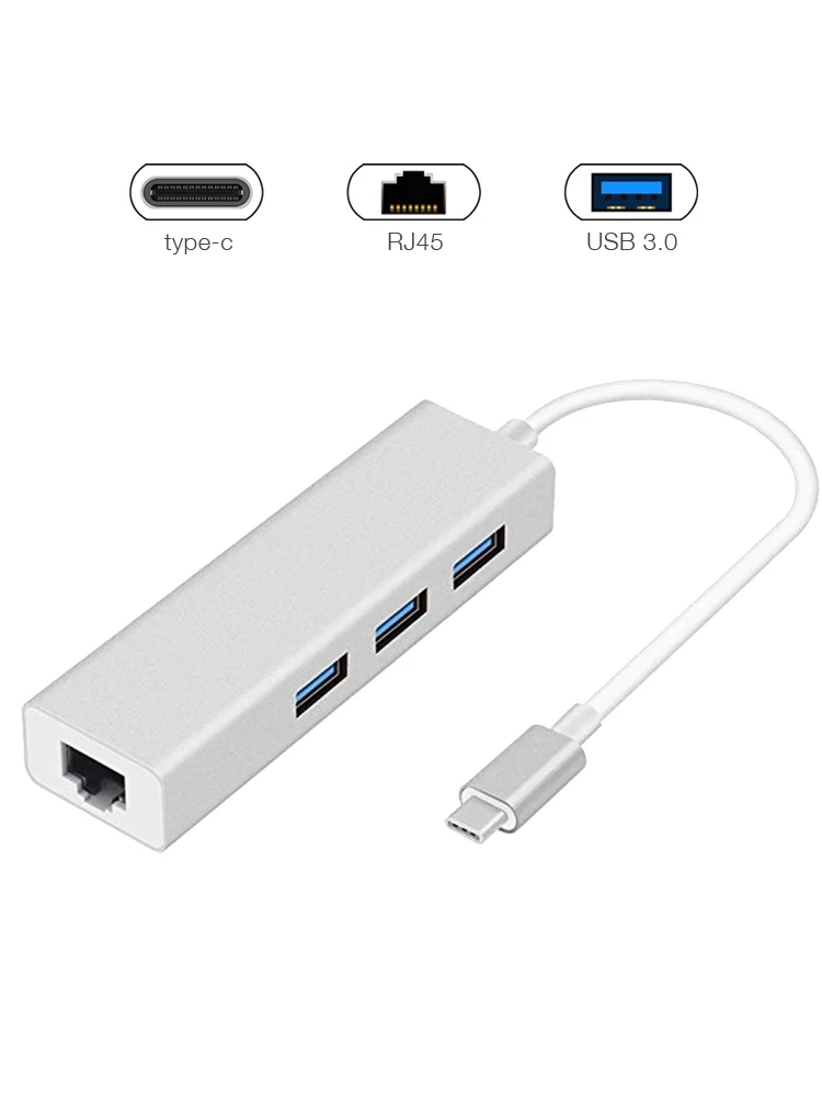 USB C 3.1 이더넷 Rj45 Lan 어댑터 3 USB 포트 유형 C-USB 3.0 허브 10/100 네트워크 카드, Macboo PC ChromeBook 용