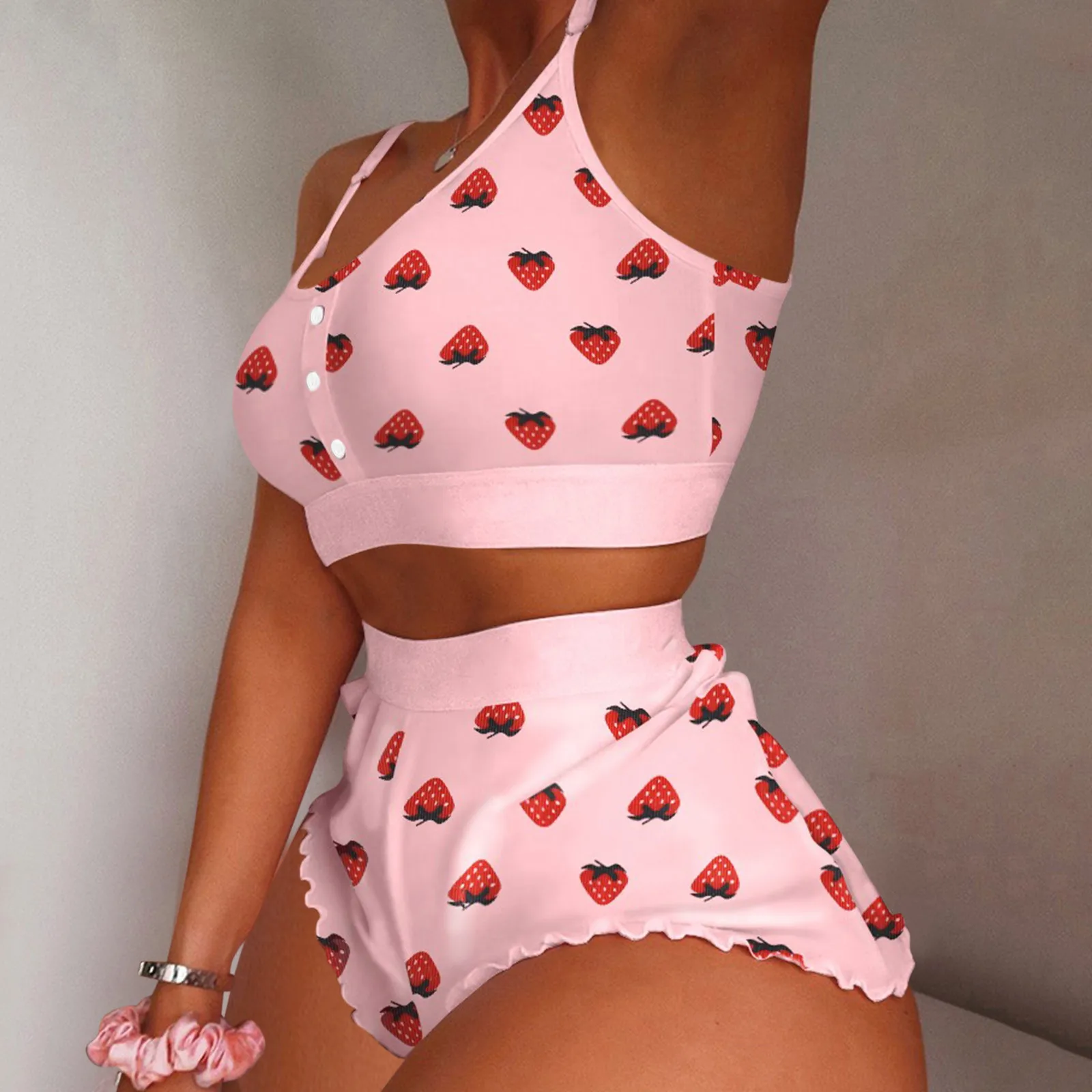 

Women's 2 Pieces Kawaii Strawberry Print Frill Cami Pajama Set 2022 Cute Crop Top & Shorts Suits Lady Sleepwear Sexy Lingerie
