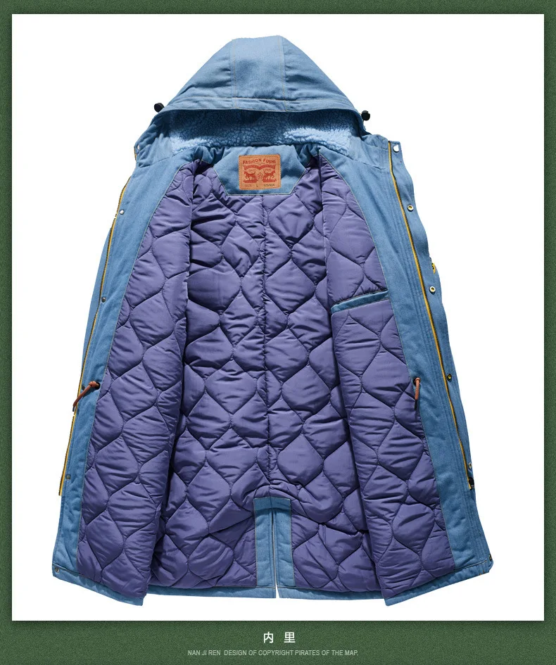 ABOORUN Men's Winter Denim Jacket Thicken Warm Hooded Long Windbreaker Coat Blue Casual Jeans Parkas for Male R3265