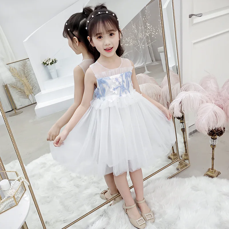 

Fashion Kids Casual Style Party Dress for 7 8 9 10 to 12 Years Sleeveless Flower White Mesh Princess Costume Kids Clothes 12AC1F
