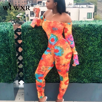 

WLWXR Off Shoulder Sexy Bodycon Jumpsuit Women Overall Floral Print Backless Skinny Summer Rompers Long Ladies Jumpsuit Female