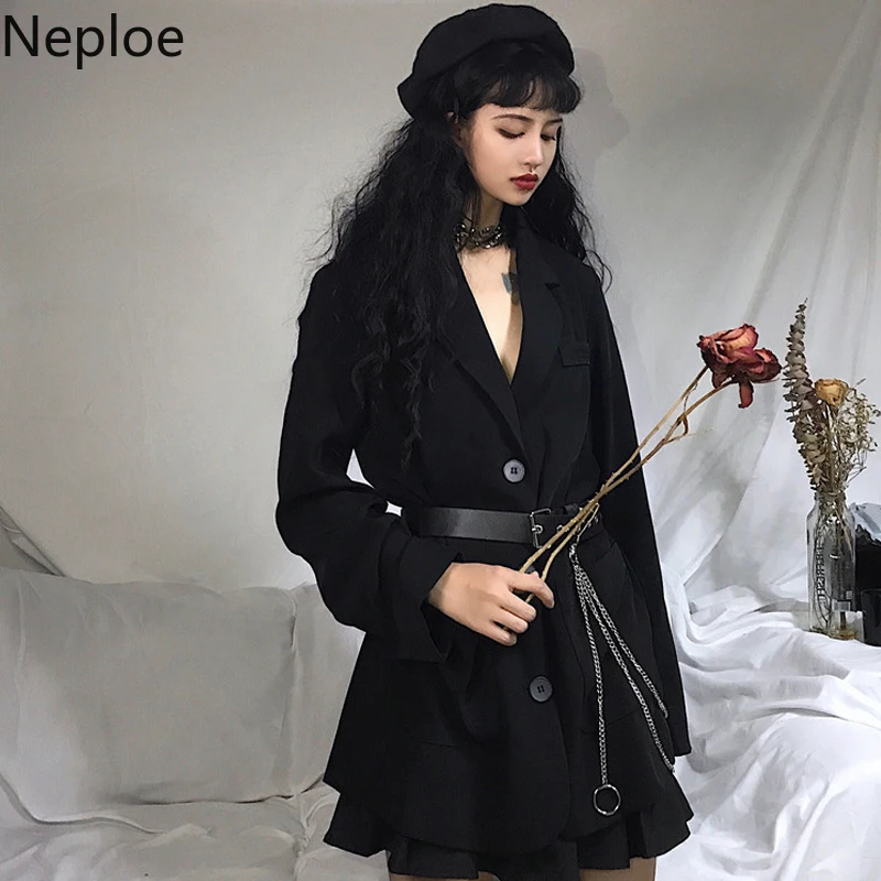 Neploe Ins осень весна Harajuku стиль блейзер в стиле ретро отложной воротник свободный длинный рукав черное пальто тонкий пояс работа Casaco