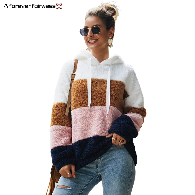 

A Forever Autumn Winter Fashion Sweatshirt for Women Tops Stripe Stitching Warm Plush Hoodies Jacket M-1189