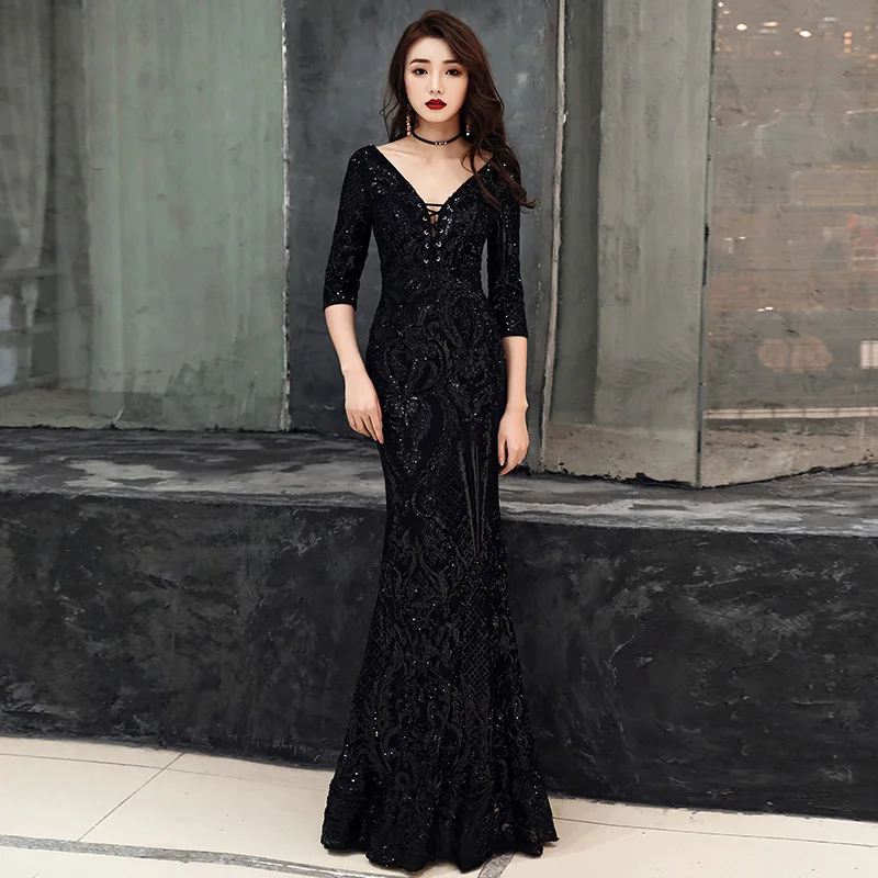 Элегантное черное платье для матери невесты с двойным Vneck русалка тонкие женские