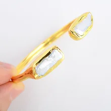 

Cultured White Biwa Rectangle Pearl Golden Plated Bangle Bracelet
