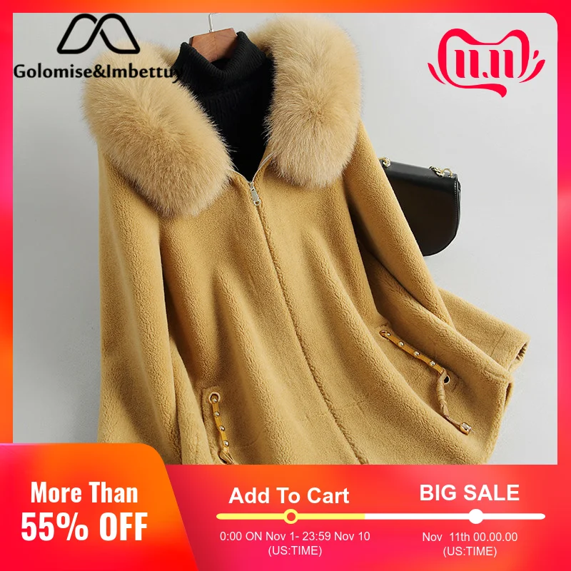 Golomise&ampImbettuy Real Composite Lamb Fur Coat Women Genuine Wool Coat/Jacket Faux Suede Leather Liner With Fox Hood | Женская одежда