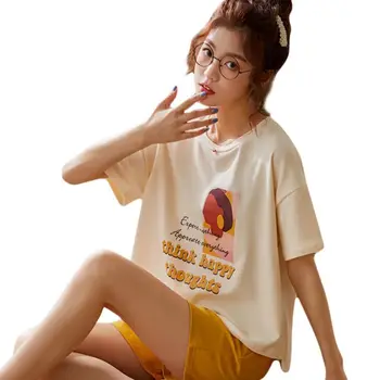 

Female Summer Pajamas Set Cotton Short Sleeve Loose Tops Pants Sleepwear Contrast Colored Cartoon Animal Printed Home Loungewear