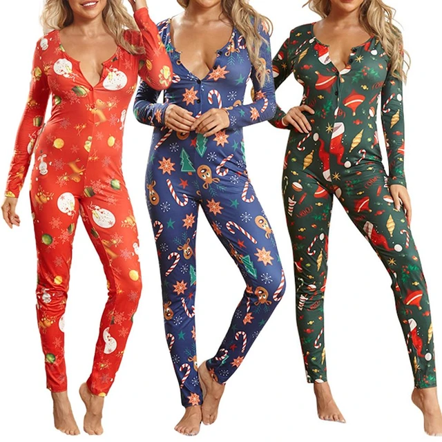 Sexy Printed Christmas Pajamas Women'sPiece Onesie V-Neck Jumpsuit