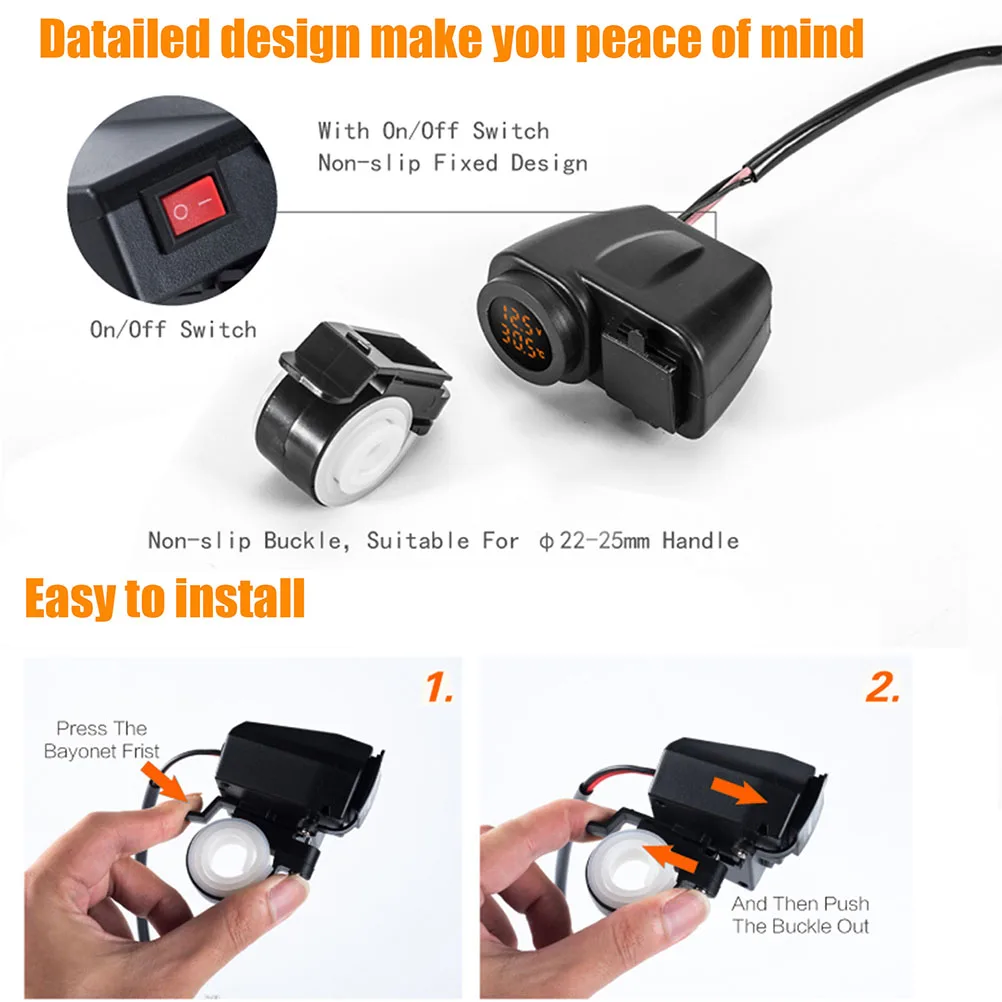 Двойной USB Мотоцикл Зарядное устройство переходник под розетку водонепроницаемый пылезащитный крепление на велосипедный руль зарядное устройство с Вольтметр, термометр метр дисплей