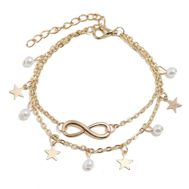

New Products Western Style Fashion 8-Word Five-pointed Star Pearl Multilayer Anklet A0636