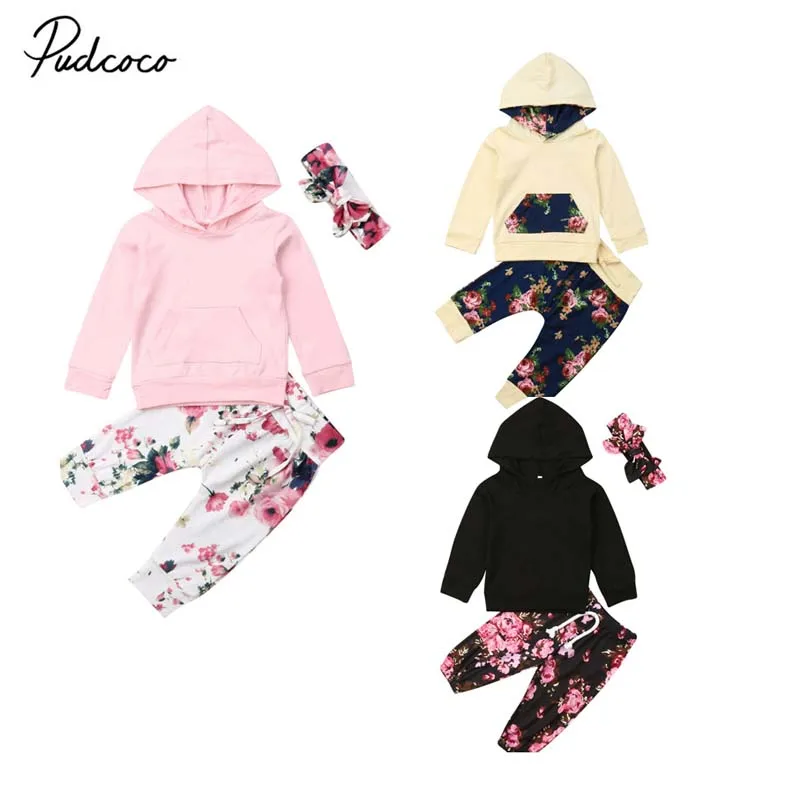

2019 Brand Toddler Baby Girl Autumn Clothes Pocket Long Sleeve Hooded Tops +Floral Long Pants + Headband Cotton Outfits 3Pcs Set