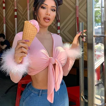 

Hot Style Sexy Pink Fur Bandage Cardigan Crop Top Autumn 2019 Women Long Sleeve Patchwork V-neck Skinny Tops Fashion Streetwear