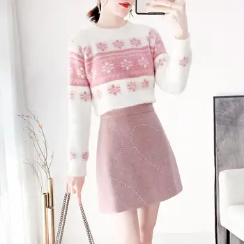 

new winter skirt fashion suits thickening printed sweaters nail drill skirts two-piece outfit pullover top outfit knitwear