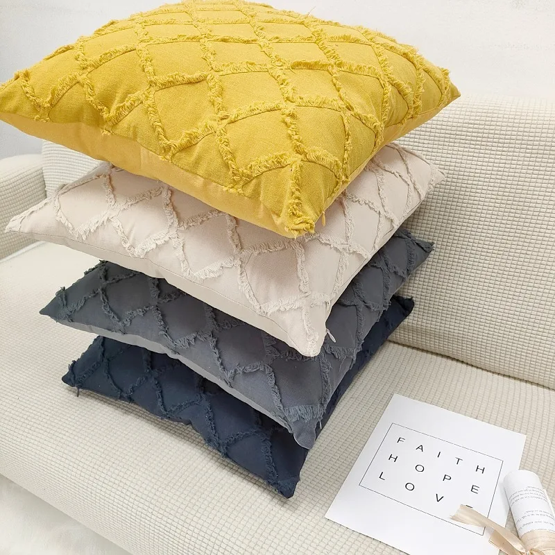 

Couch Decorative Throw Pillow Case Rhombic Jacquard Pillowcase Floral Tassels Square Cotton Linen Cushion Cover for Sofa Bedroom