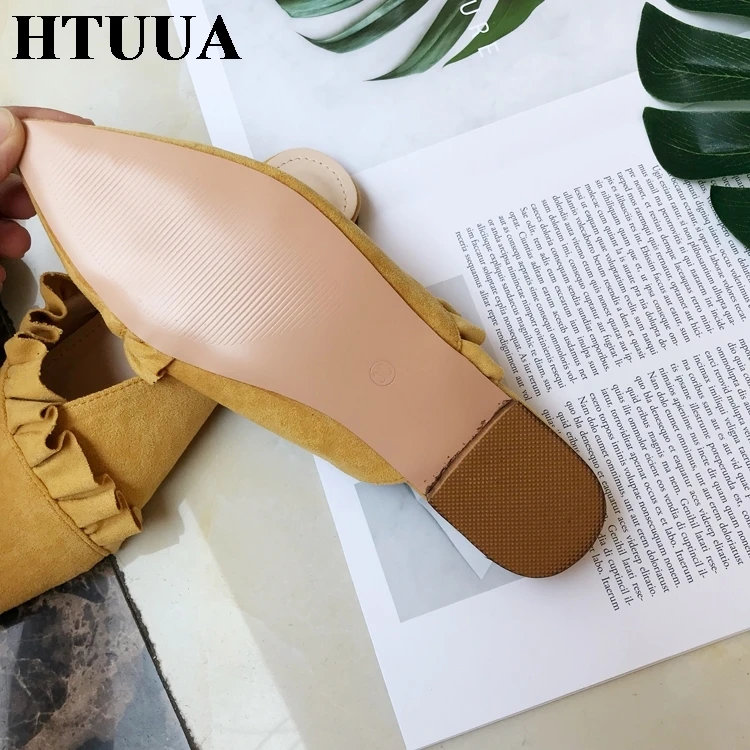 HTUUA/высококачественные Мягкие Шлепанцы из флока; женские туфли без задника; сезон весна-лето-осень; женская обувь; шлепанцы на плоской подошве; SX1311