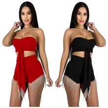 2020 New Summer Women Set Sleeveless Strapless Crop Top Shorts Suit Rhinestone Tassel Solid Two Piece Sets Sexy Night Club Wear 2020 New Summer Women Set Sleeveless Strapless Crop Top Shorts Suit Rhinestone Tassel Solid Two Piece Sets Sexy Night Club Wear