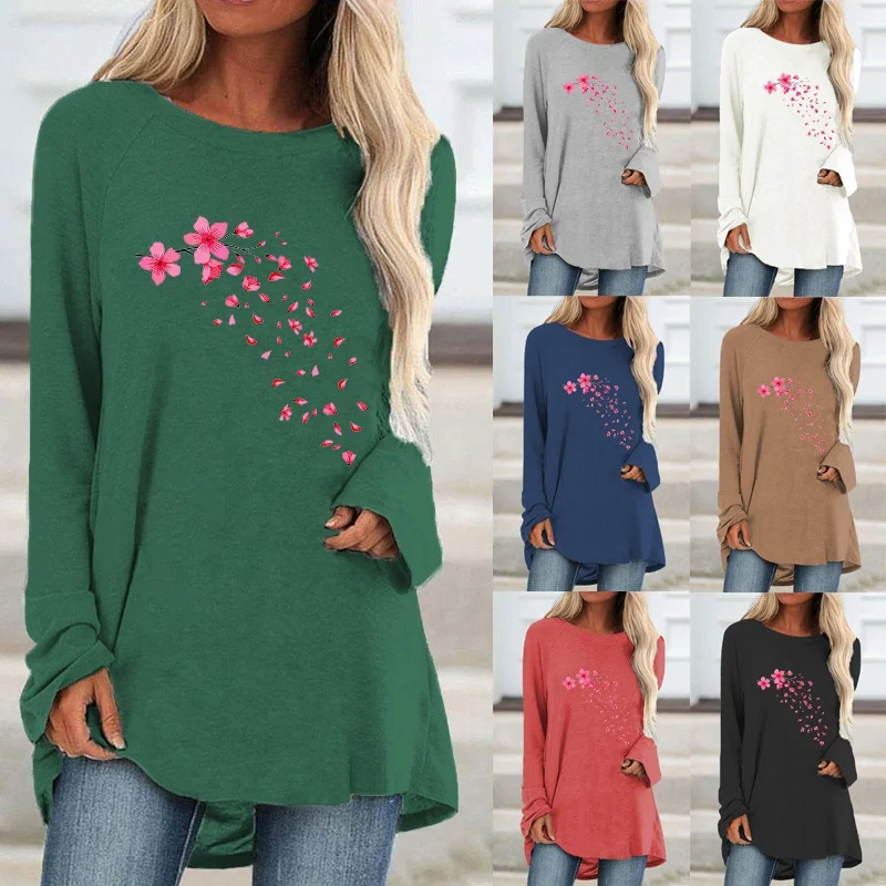 

Women's Solid Color Fashion Print Pattern Plus Size Loose Shirt Casual Tops Autumn and Winter Round Neck Long-sleeved Tops