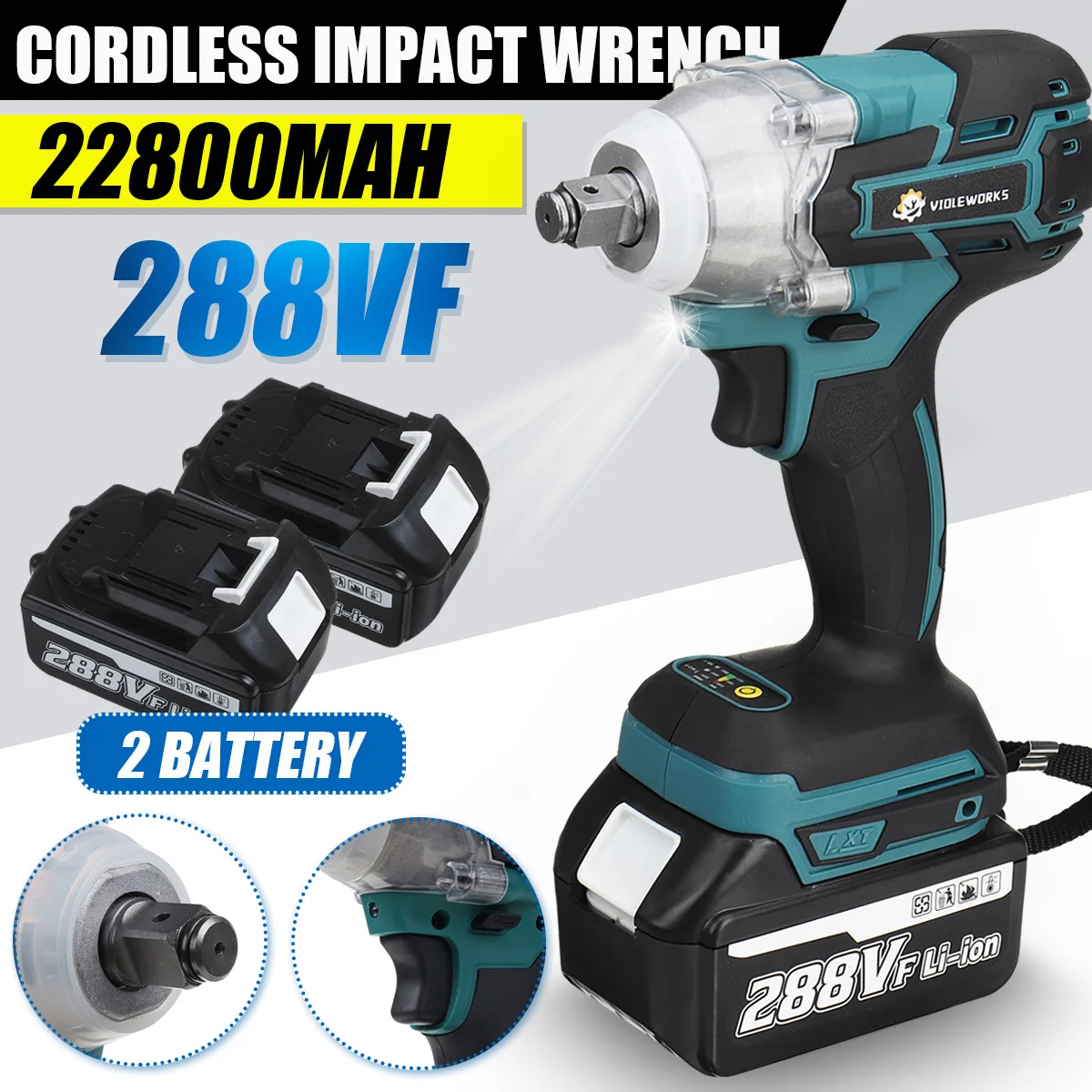 NEW 22800mAh 288VF Brushless Electric Impact Wrench 1/2 Lithium-Ion Battery 6200rpm 520 N.M Torque 110-240V