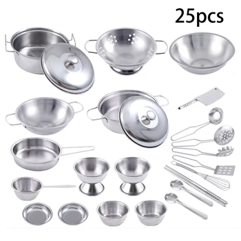 

Stainless Steel Kids House Kitchen Toys Children Pretend Play Cookware Cooking Playset 25Pcs