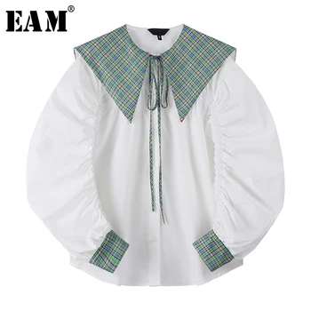

[EAM] Women Green Plaid Stitch Big Size Blouse New Lapel Long Puff Sleeve Loose Fit Shirt Fashion Tide Spring Autumn 2020 1U347