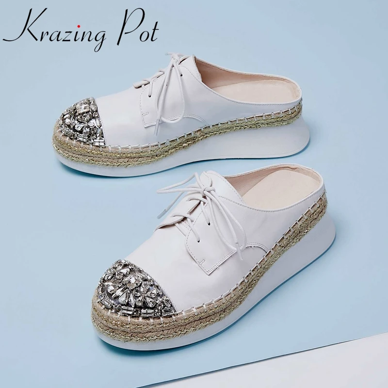 

Krazing pot new genuine leather round toe wedges outside slipper rhinestone shiny butterfly-knot slip on summer women shoes L60