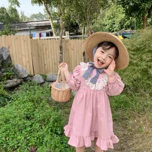 Новое весеннее детское кружевное платье в Корейском стиле с круглым вырезом в стиле пэчворк платье принцессы с оборками и длинными рукавами для маленьких девочек 1-6 лет