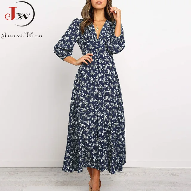 Women Chiffon Long Dress Floral Print Lantern Sleeve A line Maxi Vestidos Autumn New Elegant Vintage