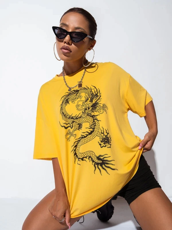 New plus size women's T-shirt Harajuku summer T-shirt fashion dragon print women's T-shirt casual T-shirt women's clothing black t shirt for men