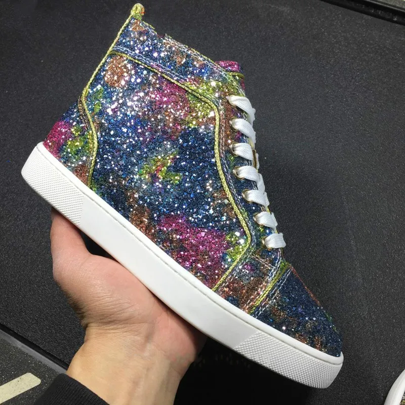 

2019-20 Glitter Sequined Cloth Casual Men Shoes High Top Starry Sky Pattern Sneakers Men Mixed Color Shiny Autumn Flats Shoes