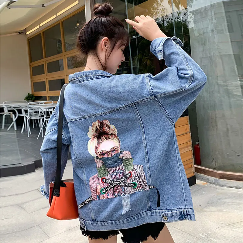 

Cute Portrait Print Denim Jackets Women Vintage Korea Casual Beading Autumn Winter Jean Coat Streetwear Ladies Ripped Denim Coat