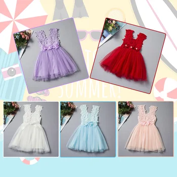 

OUTAD New Summer Kids Girls Cute Lace Flowers Casual Vest Sleeveless Tulle Dress Princess Dresses New Sale