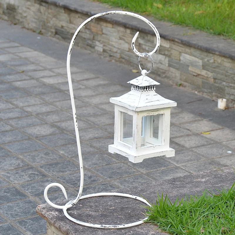 

wooden retro white candle lantern with metal floor stand