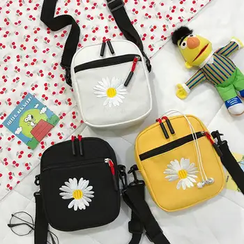

Women Zipper Daisy Canvas Cell Phone Bags Simple Messenger Versatile Korean Bag Casual Ladies Flap Shoulder Bag Crossbody Bags