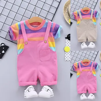 

Baby Overalls Set Toddler Infant Kids Girls Rainbow Striped Short-Sleeve Tops+Solid Wing Strap Suspenders Shorts Summer Outfits