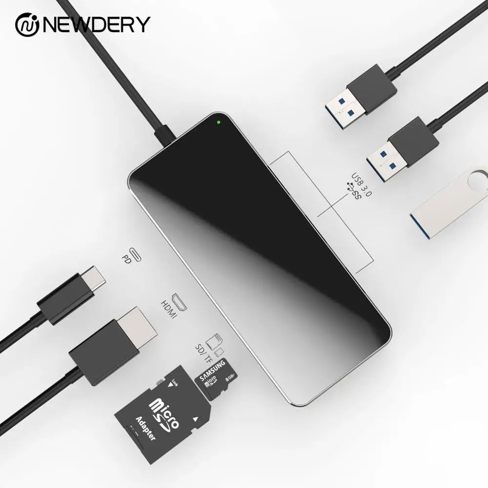

NEWDERY USB C Hub 8-in-1 multi-port adapter with HDMI ,USB 3.0 ,RJ45 SD/TF Card slot fit for MacBook Air/Pro all type c devices