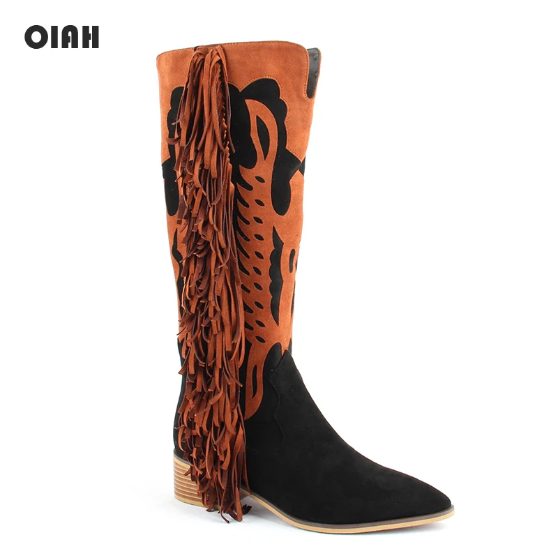 

OIAH 2019 New Winter Flock Knee High Boots Women Fringe Square Heel Cowboy Boot Pointed Toe Zip Shoes Female Knee Boots Winter