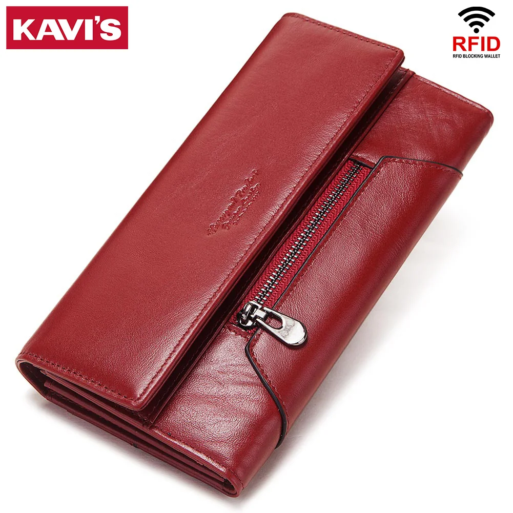 KAVIS-cartera de piel auténtica para mujer, cartera femenina a la moda, con tarjetero y cremallera, práctico y de alta capacidad