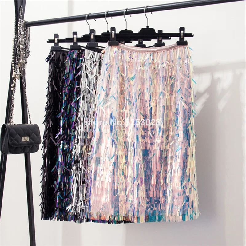 Women Skirts 2019 Fashion Chic Skirts Womens Night Out Sexy Club Party Shimmer Shiny Sequin Skirt Elastic High Waist Midi Skirt