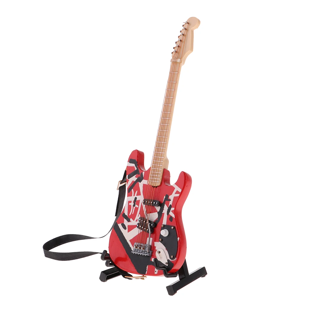 1/6 Wooden Guitar Model with Stand and Strap for BJD Dolls House Miniature Display Decor Red