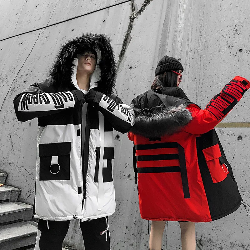 Great Value US Size 2019 Winter Parkas Men Women Streetwear Thick Fur Collar Jackets Fashion Hip Hop Warm Coats Patchwork Windbreaker DG431
