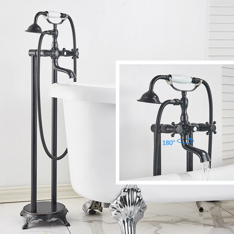 Bronze Black Floor Standing Faucet Dual Handles Hot Cold Water Shower Mixer For Bathroom Bathtub Shower Faucet Shower Mixer 4