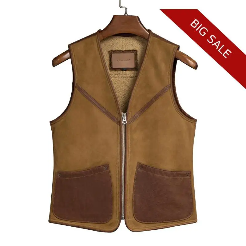 

2020 Brown Men Short Casual Shearling Vest Plus Size XXXXL Genuine Sheepskin Russian Autumn Slim Fit Natural Leather Vest