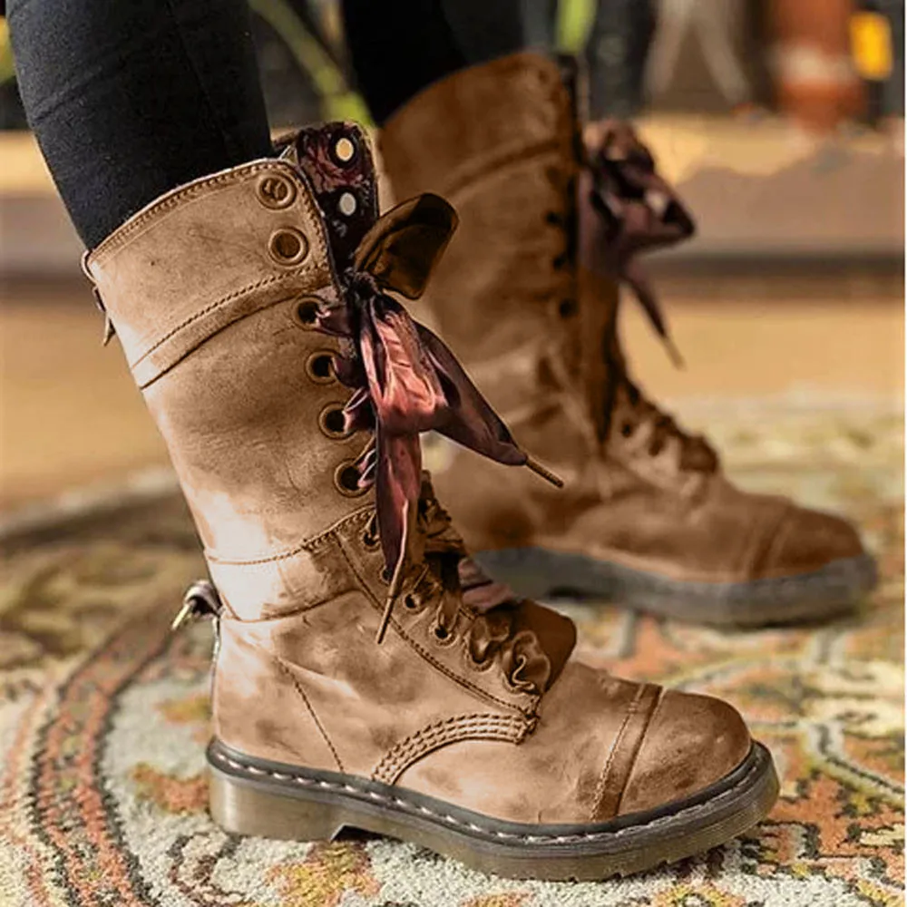 

Women's Retro Lace-up Middle Boots Winter Vintage Rivet Shoes Leather Martin Boots Non-Slip Round Toe Casual Boots Warm Shoes