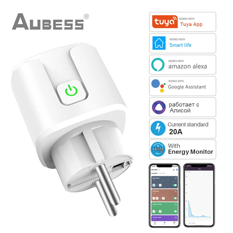 Aubess 20A Tuya Wifi Eu Smart Plug Smart Home Power Monitor Presa Wireless Telecomando Vocale Alexa Google Home Yandex Alice