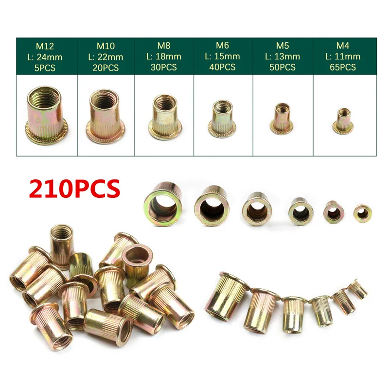 210PCS M4-M12 Rivet 210/165/100 шт углеродистой стали заклепочные гайки M4 M5 M6 M8 M10 M12 заклепки с плоской головкой Гайки комплект гайки вставить Reveting Multi Размеры словосочетания - Цвет: 210PCS M4-M12 Rivet