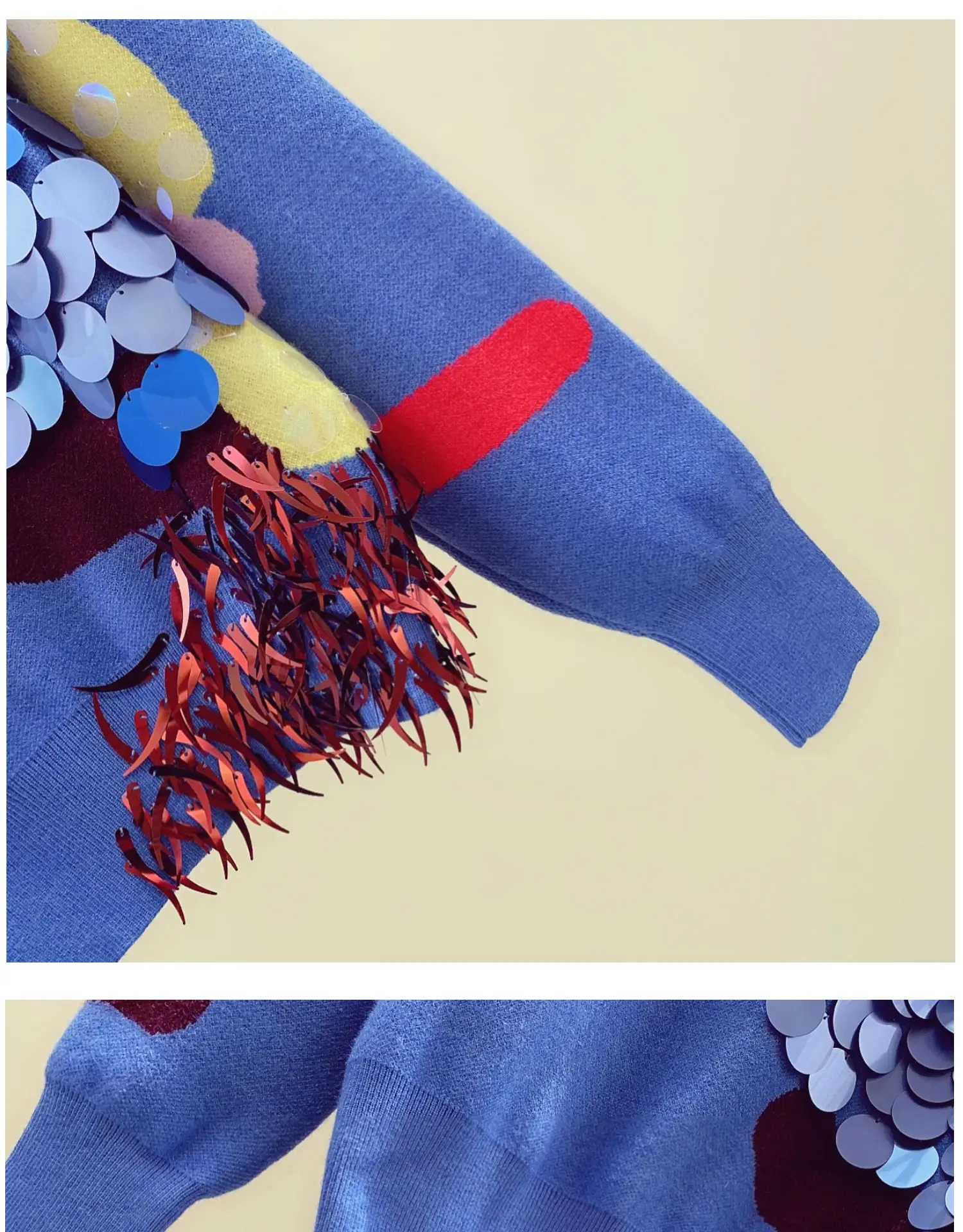 Осень-зима свитер с длинными рукавами Женский Уличная джемпер Корейская цветная нашивка с блестками синий свитер женский пуловер