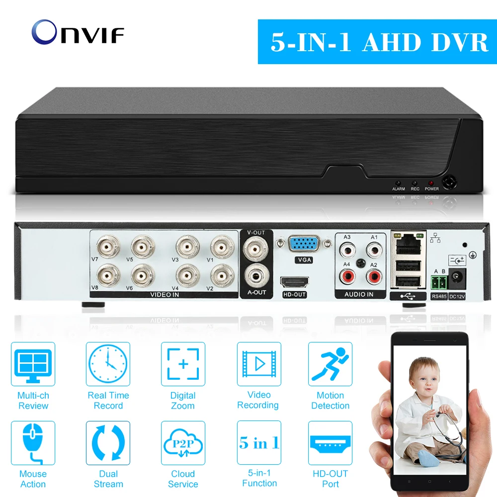 Аналоговая камера высокого разрешения CVI TVI NVR HVR 5-в-1 DVR 8CH 1080P видеомагнитофон ONVIF P2P подключением к телефону мониторинга для видеонаблюдения Системы комплект