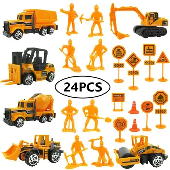 

24pcs Mini Alloy Engineering Truck Excavator Forklift with Road Sign People Kids Educational Toy Model Car Construction Vehicles