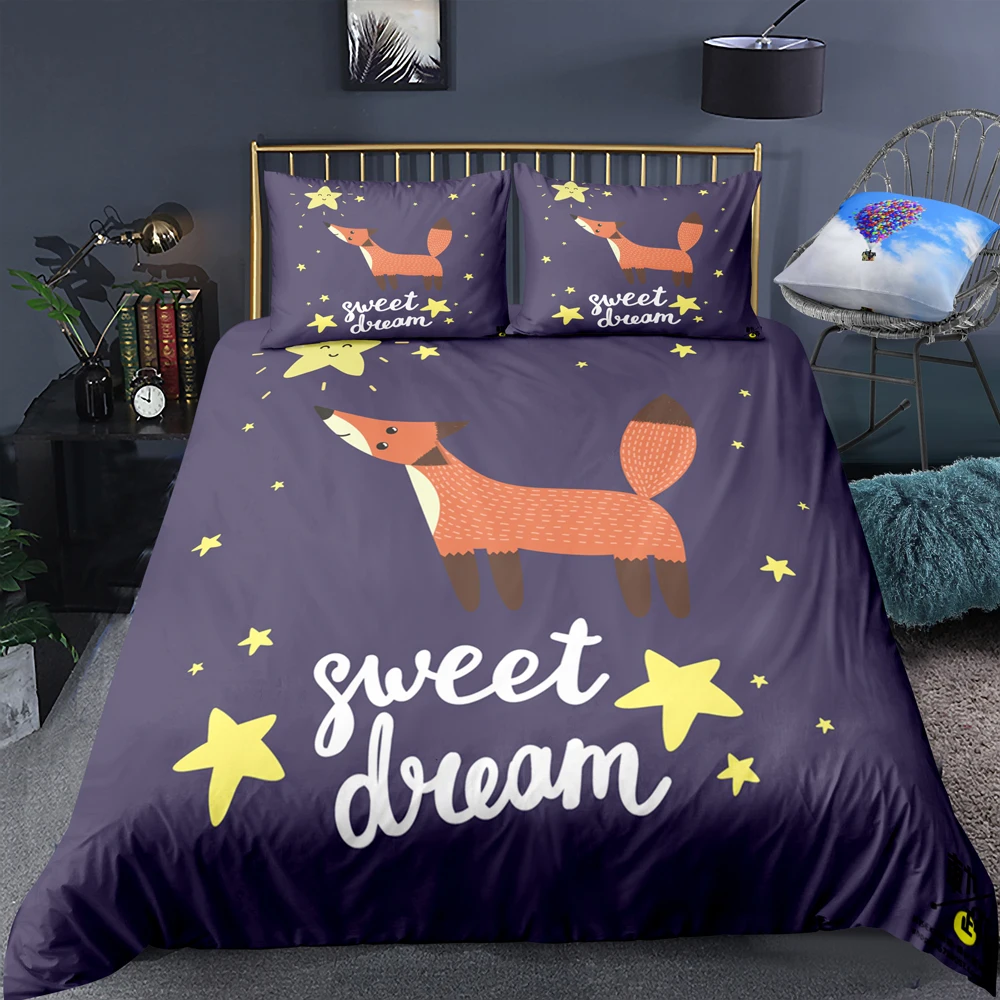 

Three-piece bedding quilt cover cartoon style hand-painted animal pattern night sky star quilt cover kid single birthday gift