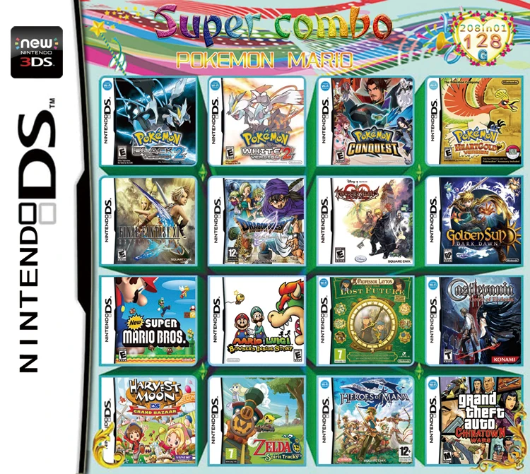 208 in 1 Pokemon Mario Video Games Cartridge Multicart For Nintendo DS NDS NDSL NDSI 2DS 3DS US afbeelding